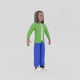 Rigged 3D character model with dreads wearing green jacket and blue pants, optimized for Blender renderings.