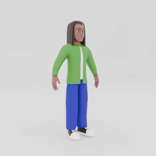 Rigged 3D character model with dreads wearing green jacket and blue pants, optimized for Blender renderings.