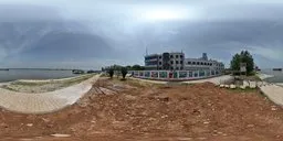 Urban riverside panorama with blue sky and red soil for realistic scene lighting.