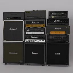Detailed 3D studio models of high-end tube amplifiers and speaker cabinets.
