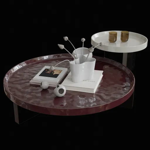 Detailed 3D model of lacquered round coffee tables with ash legs from the 2022 Collection, showing minimal forms and 1970s inspiration.