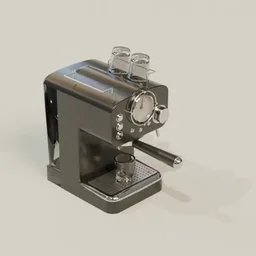 Detailed 3D-rendered espresso machine with cups, metallic finish, and realistic textures, compatible with Blender.