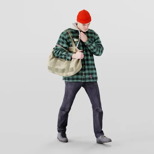 3D male figure with orange beanie, green plaid shirt, and military bag posing as if bracing wind, modeled in Blender.
