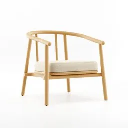 Realistic 3D render of a modern oak wood lounge chair with a cushion, compatible with Blender.