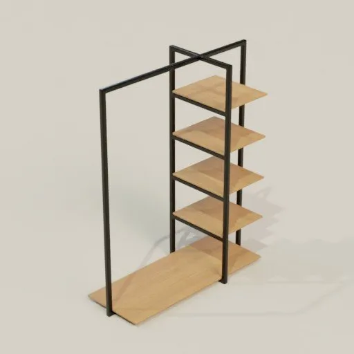 Detailed Blender 3D model of a wooden shelved bookcase with a sleek metal frame, ideal for interior design visualization.