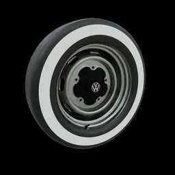 "Classic 5-hole car wheel and low-poly tires in black and white with VW logo, suitable for Blender 3D. This standard category 3D model features spare parts and clean, smooth surfaces with hints of diesel punk and orthodox symbolism."