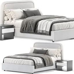"Blender 3D model of a queen-sized bed with a nightstand in a modern grey color scheme. The Bed West Elm-Camilla is accurately measured at 220 x 167 x 116 H in centimeters. The model has 378,360 low polygon counts and is ideal for high-quality 3D renders."