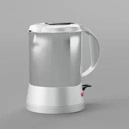 "Silver electric kettle with a red button, featuring clean vector graphics inspired by Sheng Maoye. This Blender 3D model showcases aluminum elements and a realistic rendering, emitting steam and enhanced with infrared ambient light. Perfect for coffee-related projects and kitchen appliance visualizations."