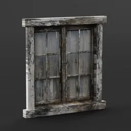 Detailed 3D model of a distressed wooden window with peeling paint, suitable for Blender rendering.