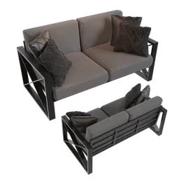 Realistic beige and black outdoor sofa 3D model with cushions, compatible with Blender for architectural visualization.