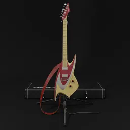 3D Blender model of a unique Backlund electric guitar with asymmetrical design, humbucking pickups, and tripod stand.