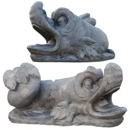 High-quality 3D model of a stylized fish sculpture, photoscanned and optimized for Blender, perfect for historical scene rendering.