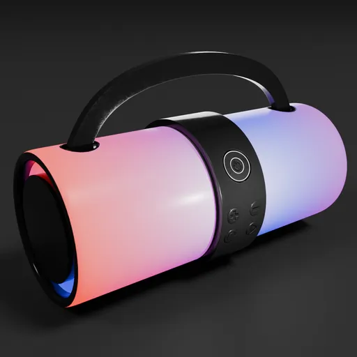 Detailed 3D render of a sleek, modern portable speaker with vivid RGB lighting effect and intuitive control interface.