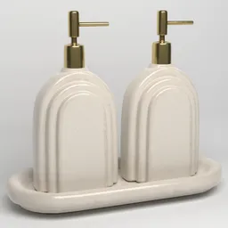 Detailed 3D-rendered ceramic soap and lotion dispensers with dark gold pumps on a tray, ideal for architectural visualization.