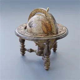 "Antique Globe 3D model for Blender 3D, featuring a mythological map with silver and ivory textures. The globe sits on a wooden stand and can be adjusted independently. PBR texture included. Perfect for art and history enthusiasts."