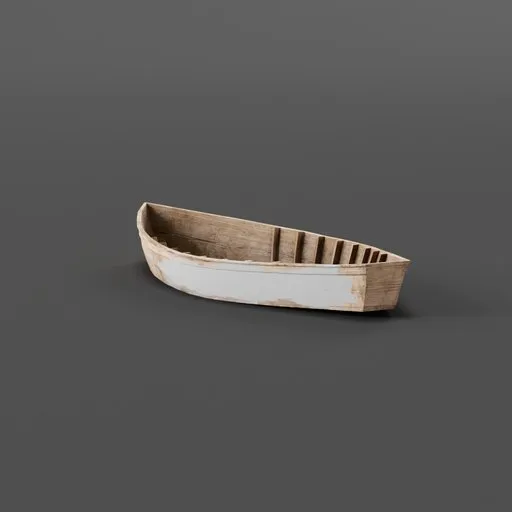Highly detailed Blender 3D model of a partially painted, wooden rowboat on a plain background, ideal for 3D animation and rendering.