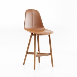 "Kristianstad Bar Chair: a minimalist-style, brown leather stool with a wooden base. Ideal for outdoor lifestyles, this 3D model for Blender 3D showcases a bar chair with a leather seat and wood leg frame."