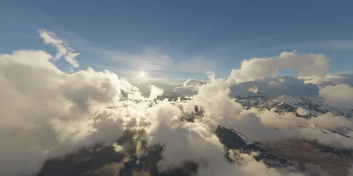 Sunny sunset over cloudy mountain peaks HDR for realistic 3D scene lighting.