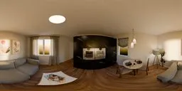 360-degree HDR panorama of a modern apartment with a stylish black and white living room and kitchen.