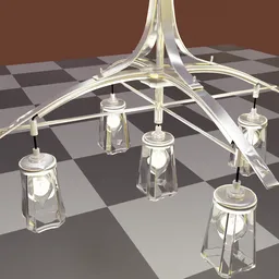 Detailed 3D model of a modern brushed-nickel chandelier with five lights, designed for Blender rendering.