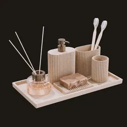 Detailed 3D render of a luxury granite bathroom set including toiletries for Blender software.