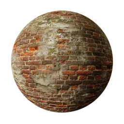 High-resolution PBR texture of aged, weathered bricks with moss detail for realistic 3D rendering in Blender.