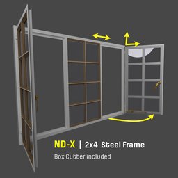 Realistic 3D model of an adjustable steel frame window, shown with open and closed panes, compatible with Blender 3D.
