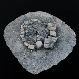 "3D scanned campfire model for Blender 3D, featuring a stone firepit surrounded by forest elements. Photorealistic style with texturing by XYZ. Created by Nathan Wyburn with photogrammetry techniques."
