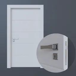 "White door with metal handle 3D model for Blender 3D. Perfect for internal use with finer details and a sleek design. Add depth and style to your 3D rendering with this easy-to-use door model."