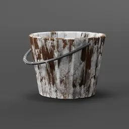 Weathered wooden paint bucket 3D model with metal handle, realistic textures, for Blender rendering.