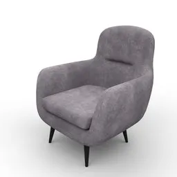 High-resolution Blender 3D model of a modern grey upholstered armchair with sleek black legs.