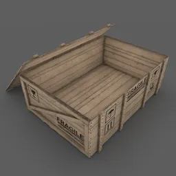 Realistic 3D model of an open wooden crate with detailed textures suitable for Blender rendering and industrial scenes.