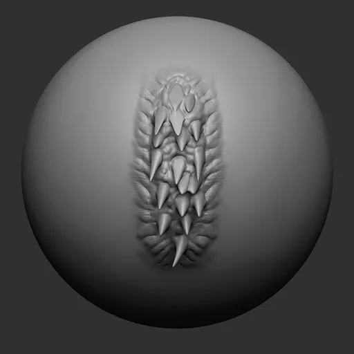 3D sculpting brush imprint of sharp, intricate spikes for detailed dragon model creation in Blender.