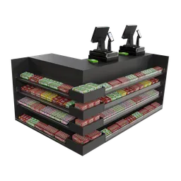 Detailed Blender 3D model of a retail cashier counter with registers and product shelves.