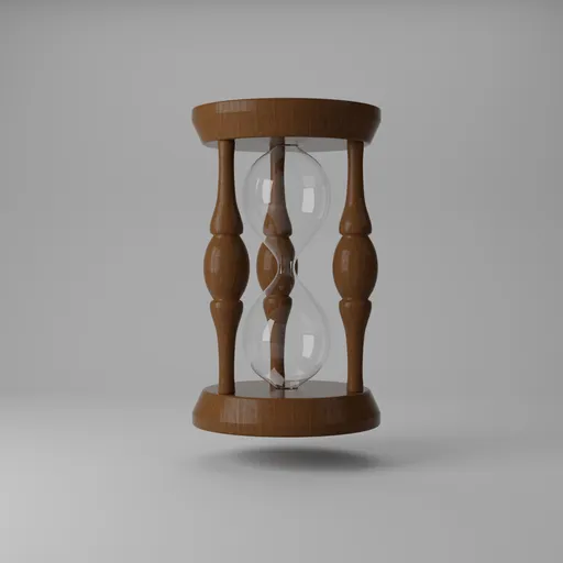 Realistic Blender 3D model of an hourglass with intricate wooden frame and transparent glass.