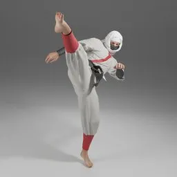 "A white and red-clad ninja delivering a powerful kick to an enemy's head, created in DAZ Studio and animated in Mixamo, rendered in Autodesk 3D. This detailed 3D model features a balaclava and shinobi inspiration from Kim Hwan-gi, with customizable fabric shades modeled in Marvelous Designer. Perfect for Blender 3D projects."
