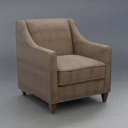 Highly detailed dark fabric armchair 3D model with wooden legs, suitable for various interior renders in Blender.