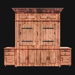 Detailed Blender 3D model of a rustic wooden wallbed with wardrobe and vanity for interior design.