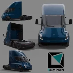 Detailed 3D rendering of a blue Tesla Semi Truck model from multiple angles, created with Blender software.