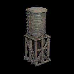 "Water tank 3D model for Blender 3D: A highly detailed and photorealistic water tower with a wooden base, showcasing a vintage charm. Perfect for exterior scenes and architectural visualizations. Get this unique water tank model for your Blender projects."