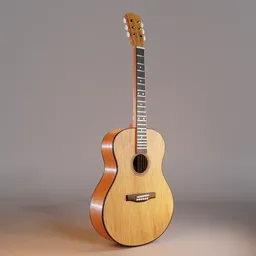 "Highly-detailed Latino-style guitar model inspired by Frederick Goodall, with light wood finish and tonal topstitching. Modeled in 3D using Blender 3D software, rendered with the Cycles render engine. Real-life scale and 4K textures make this model a must-have for instrument enthusiasts."