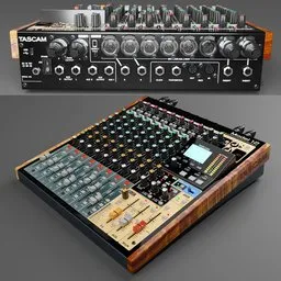 "Explore the TASCAM Model 12 all-in-one sound mixer, perfect for musicians, solo artists, and podcasters. With 10 inputs, 12-track recording, USB and MIDI interfaces, and DAW control functions, this rich woodgrain 3D render is a must-have for any recording studio."