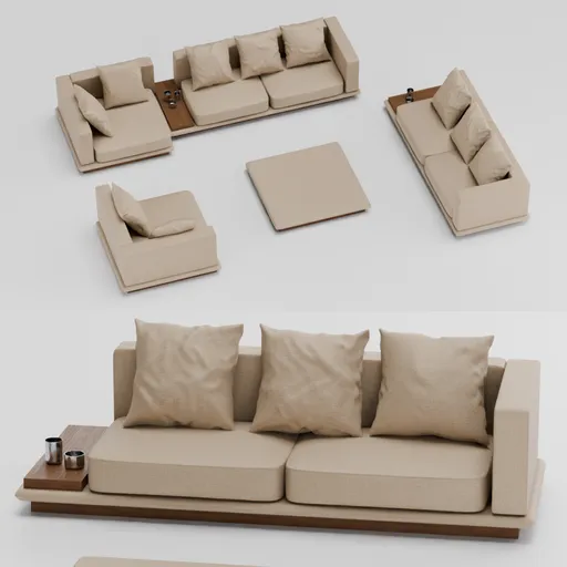 Sofa Beige and Wood Accent