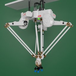 Detailed 3D model of ABB delta robot, IK rigged for dynamic poses, ideal for Blender animation and AI simulations.