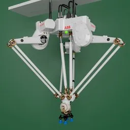 "Delta robot model with IK rigging and full articulation. ABB IRB 390 with twelve arms and hydraulic interconnections, in a white and red color scheme. Ideal for use in Blender 3D software."