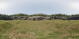 360-degree HDR panorama of a lush meadow and rock formations for realistic scene lighting.