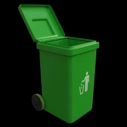 Green wheeled 3D dustbin model with open lid for Blender rendering, isolated on a neutral background.