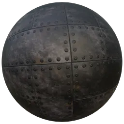 High-quality 2K PBR texture of a corroded dark metal surface with rivet detailing for 3D modeling in Blender.