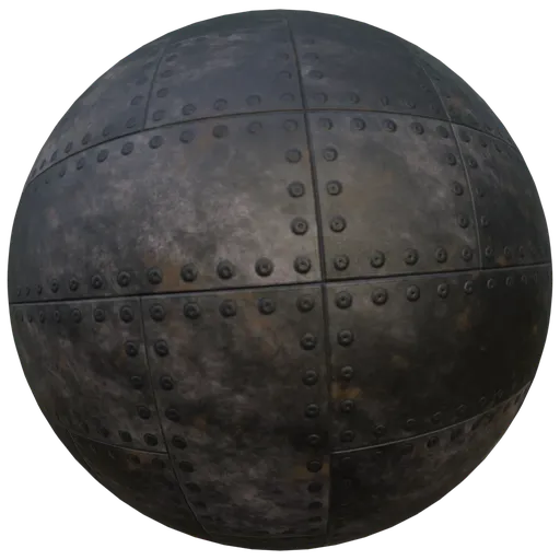 High-quality 2K PBR texture of a corroded dark metal surface with rivet detailing for 3D modeling in Blender.