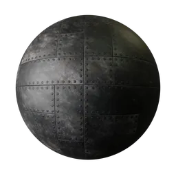 High-quality 2K PBR texture of a corroded dark metal surface with rivet detailing for 3D modeling in Blender.